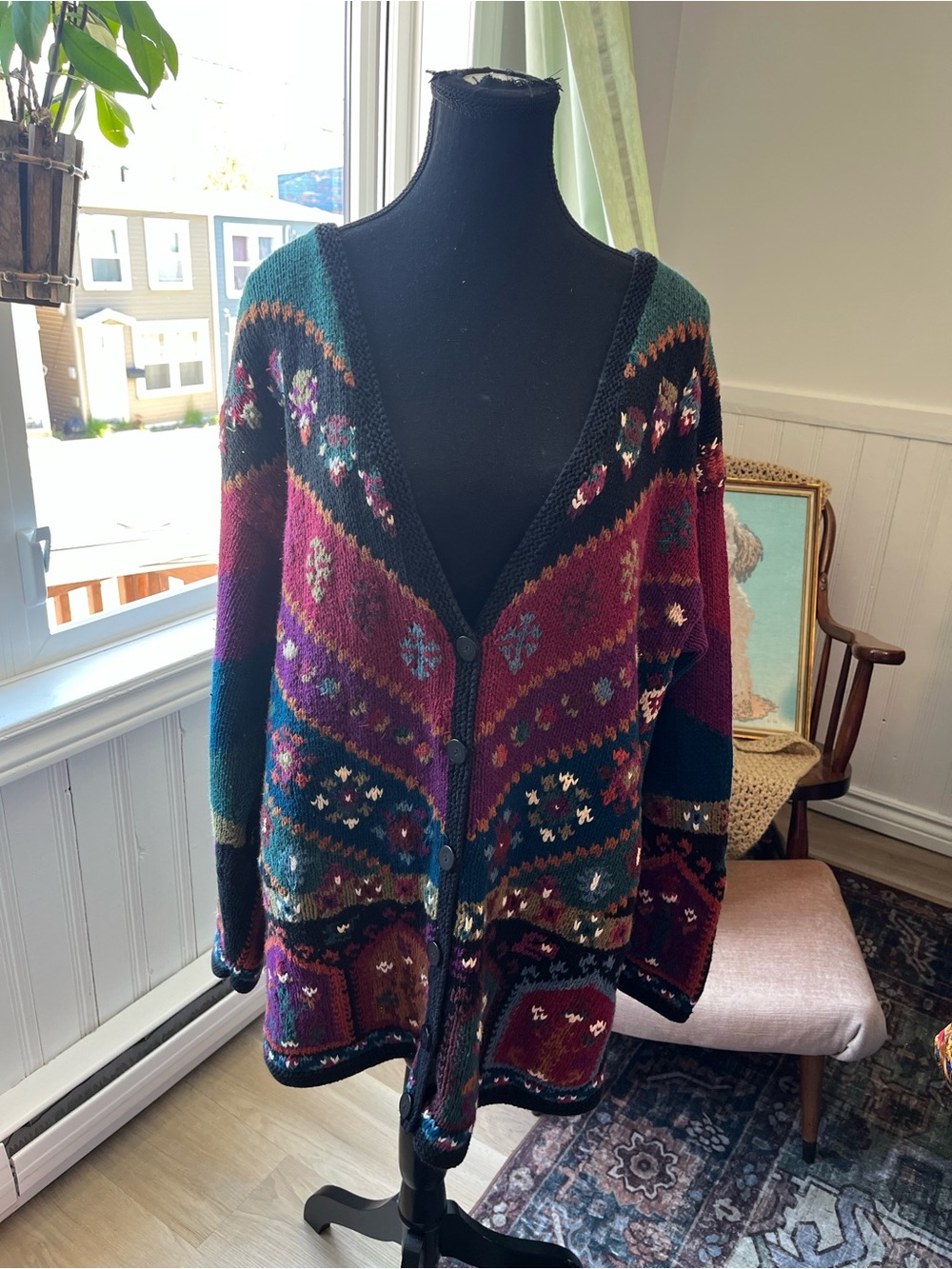 Women’s Vintage Multicolor V-Neck Button Cardigan Sweater Knit L-XL